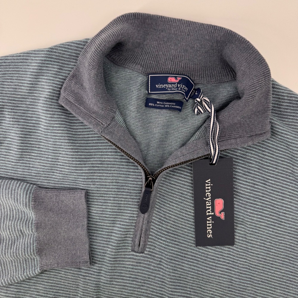 Vineyard Vines Sweater Mens L Moonshine Blue Thaxter Stripe Cashmere Quarter Zip